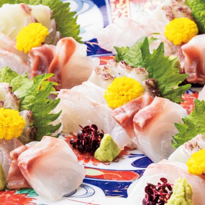 ④  和 　お造り 桜鯛三種盛り（鯛昆布〆、鯛松皮、鯛一汐）
