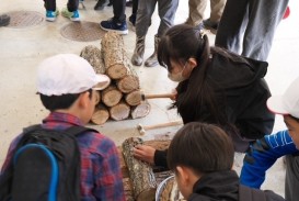 子どもたちも一人一人木に菌を打ち込み自宅へ持ち帰ります